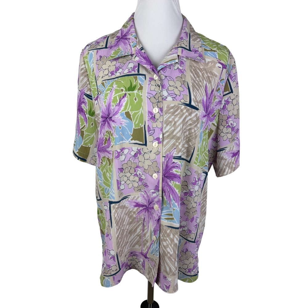 Alia Womens 16W Tropical Floral Button Down Blouse Purple Green Short Sleeve Top